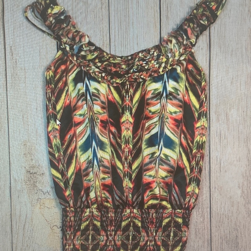 XOXO Multicolor Feather-Print Smocked Top - Brown, Yellow, Blue, Red